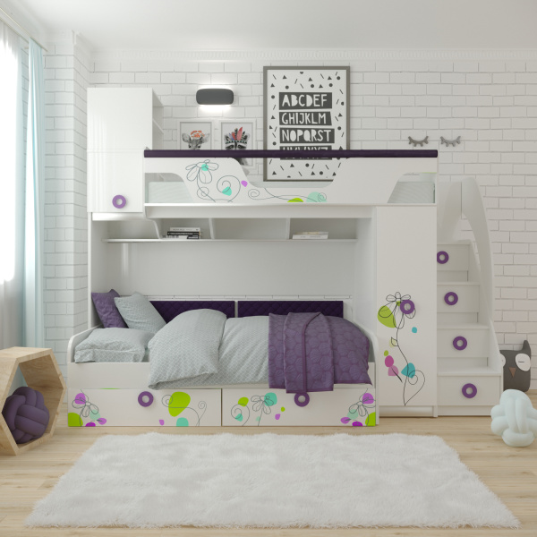 Кровать-чердак Цветы-4 + кровать Цветы-6 от Династия Kids