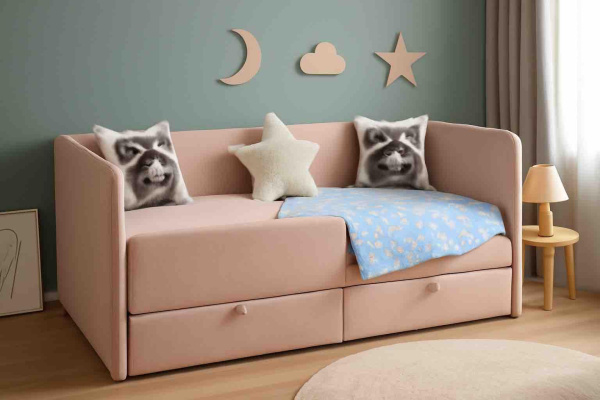 Мягкая кровать Эрмика 80х160 с ящиками. Велюр Тедди 324 (пудровый)