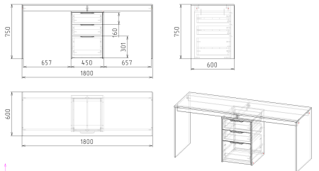 Стол для 2 детей Тандем 1800 мм (корпус дуб золотистый)  от Династия Kids