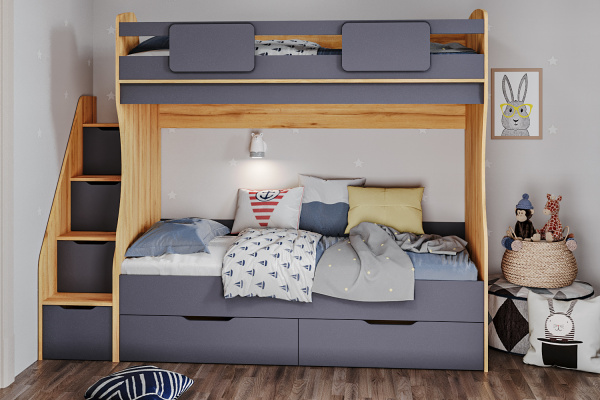 Двухъярусная кровать МИА (графит+дуб золотистый) 180х80 от Династия Kids
