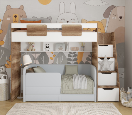 Кровать-чердак 200х90 коллекции Лайт Лофт (дуб каньон + белый) от Династия Kids