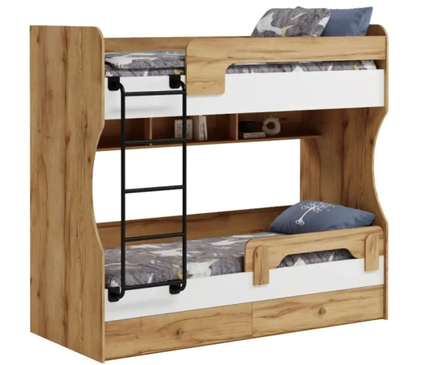 Кровать двухъярусная Омега (дуб золотистый + белый) 190х80 от Династия Kids