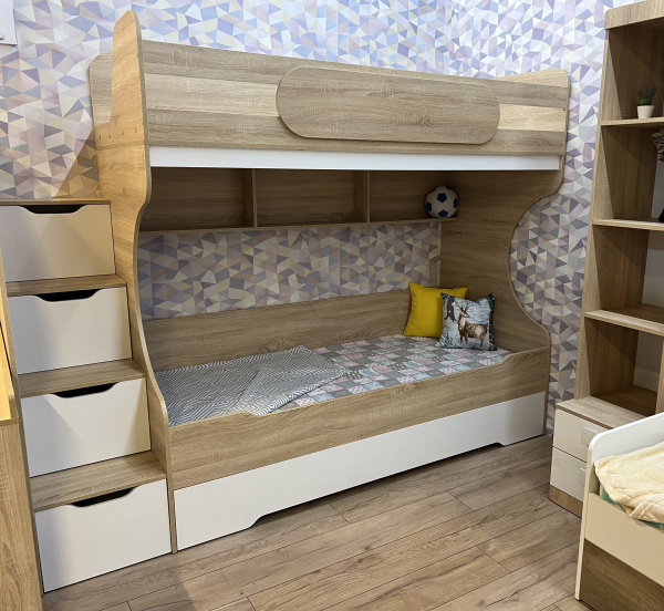 Кровать 2-х ярусная Биг (правая/левая) 200х90 дуб сонома+белый