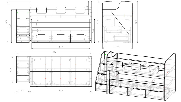 Кровать 2-х ярусная Городок (дуб золотистый + белый) от Династия Kids