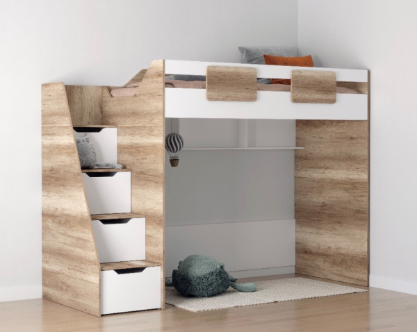 Кровать-чердак коллекции Лайт Лофт 190х90 (дуб каньон + белый)