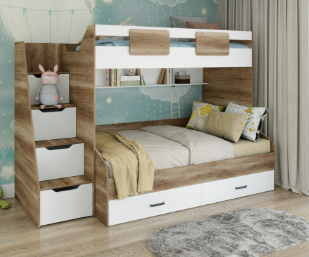 Кровать-чердак 200х90 коллекции Лайт Лофт (дуб каньон + белый) от Династия Kids